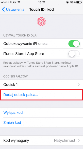 Dodawanie odcisku palca w iOS na iPhone.
