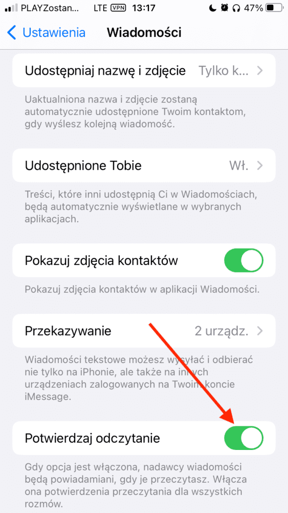 Wyłączanie potwierdzenia odczytania wiadomości iMessege w ustawieniach iPhone na iOS.