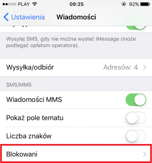 Lista blokowanych numerów w iOS.