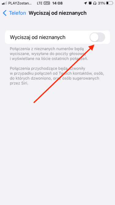 Ustawienia wyciszania połączeń w iOS.