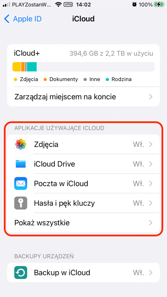 Menu iCloud na iOS
